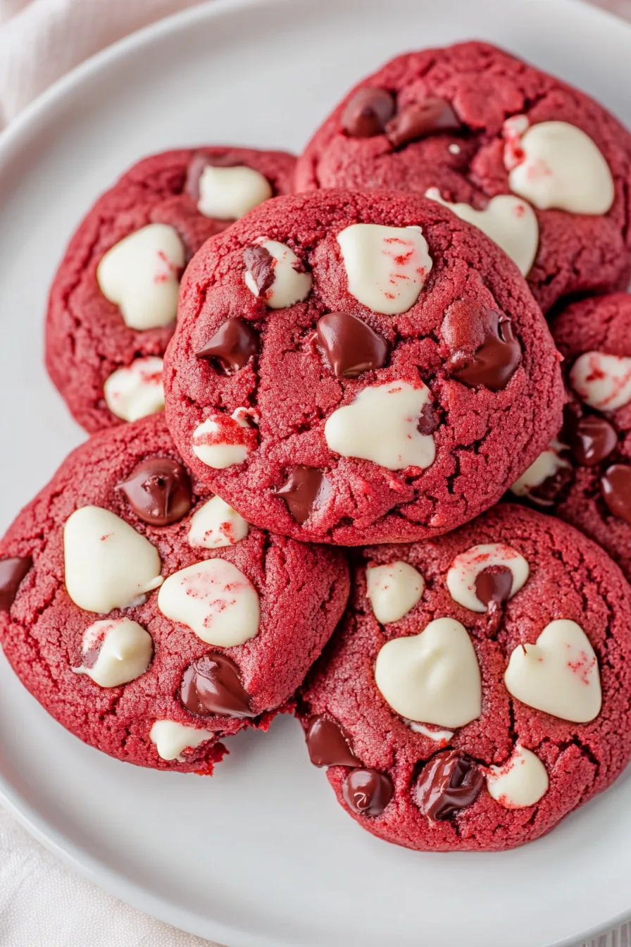 Close-up of thick, chewy red cookies dotted with white chocolate chips.