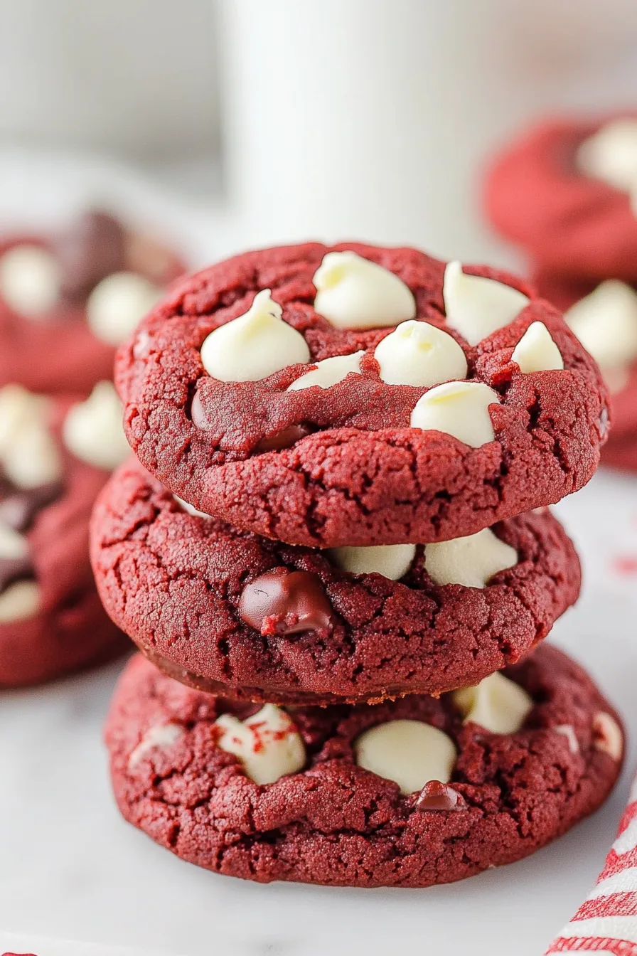 Stack of soft red cookies with white chocolate chips on top, showing a rich, velvety texture.
