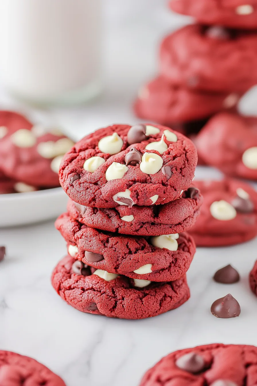 Freshly baked red cookies cooling on a marble surface, with chocolate chips melting slightly.