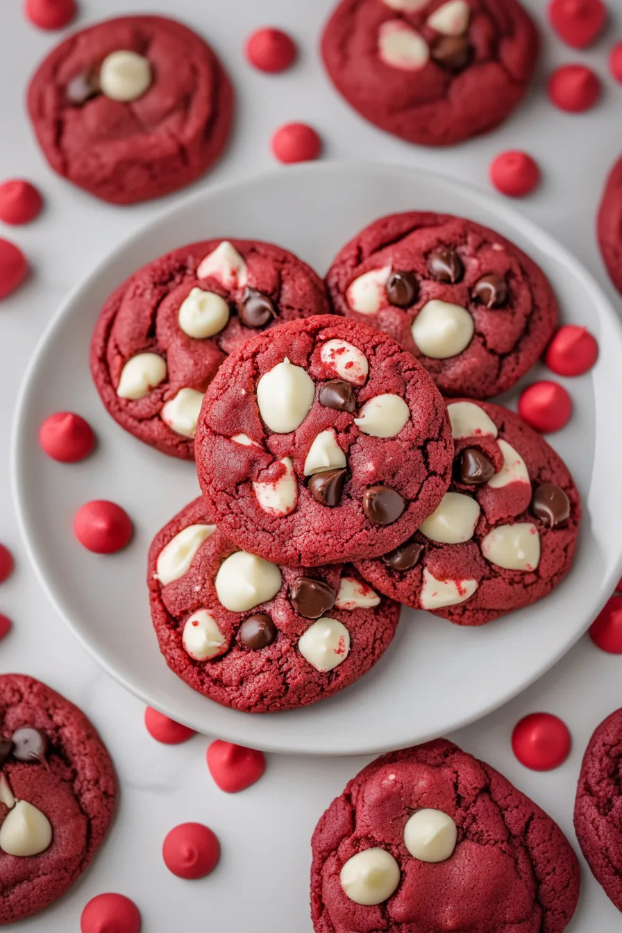 A plate of red cookies with creamy white chocolate chips, ready to serve.