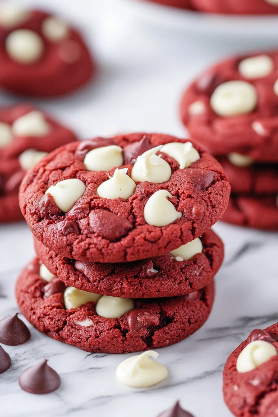 Three red cookies stacked together, highlighting their soft centers and contrasting white chips.