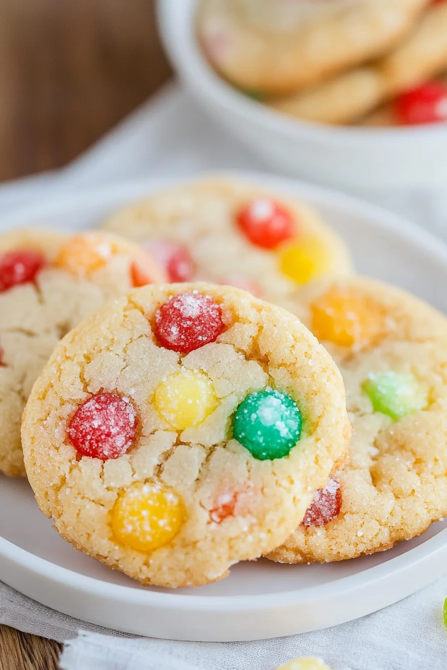 Close-up of soft, golden cookies studded with colorful gumdrops on a plate.