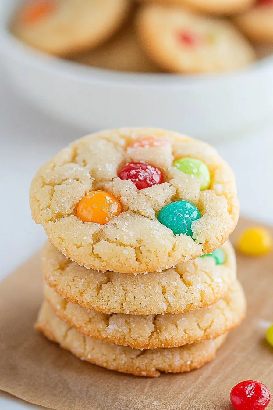 Stack of buttery cookies with colorful candy centers, ready to serve for the holidays.