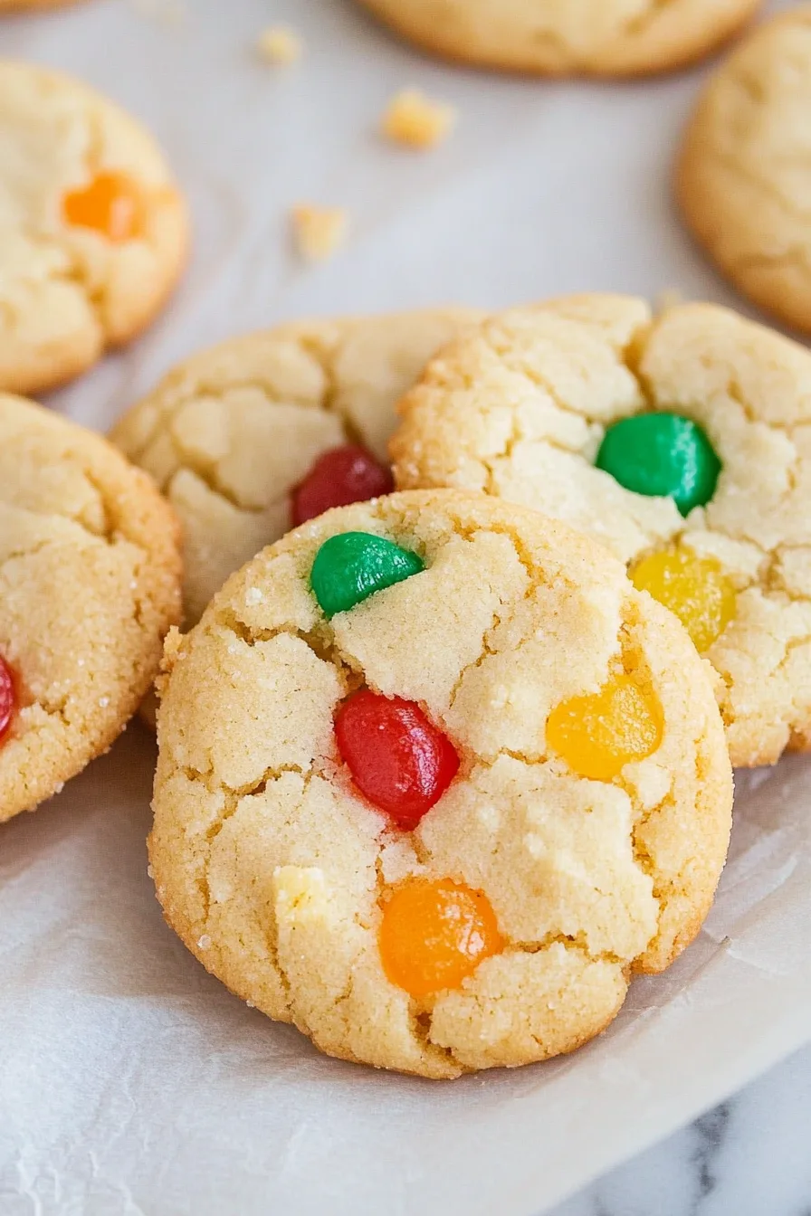 Golden cookies cooling on parchment paper, dotted with festive gumdrops.
