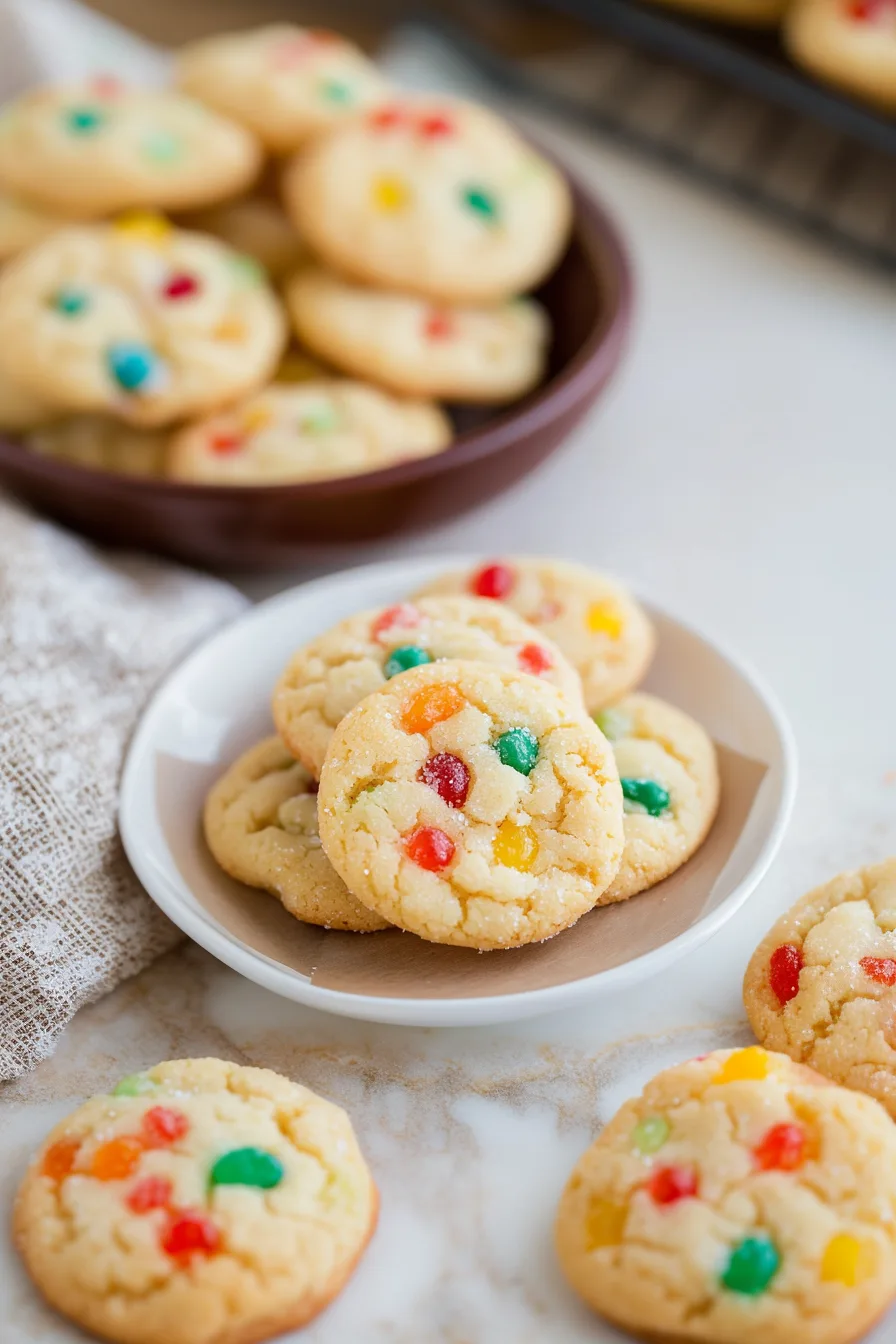Chewy sugar cookies with red, green, and yellow gumdrops scattered across the tops.