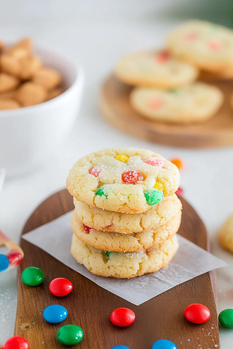 A batch of freshly baked cookies showing cracked edges and bright candy pieces.