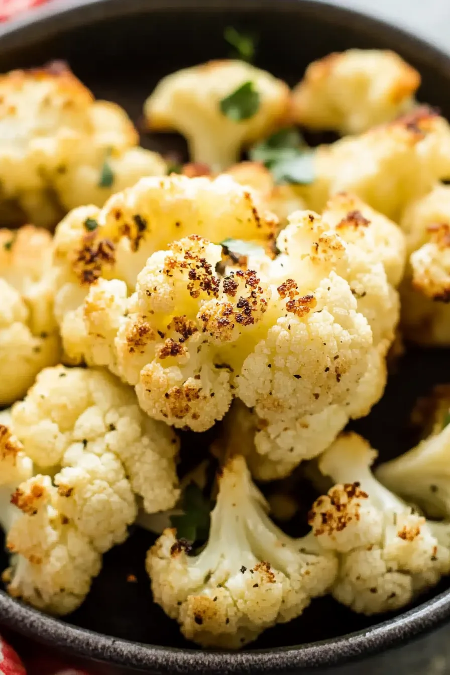 Close-up of crispy, tender cauliflower on a serving plate