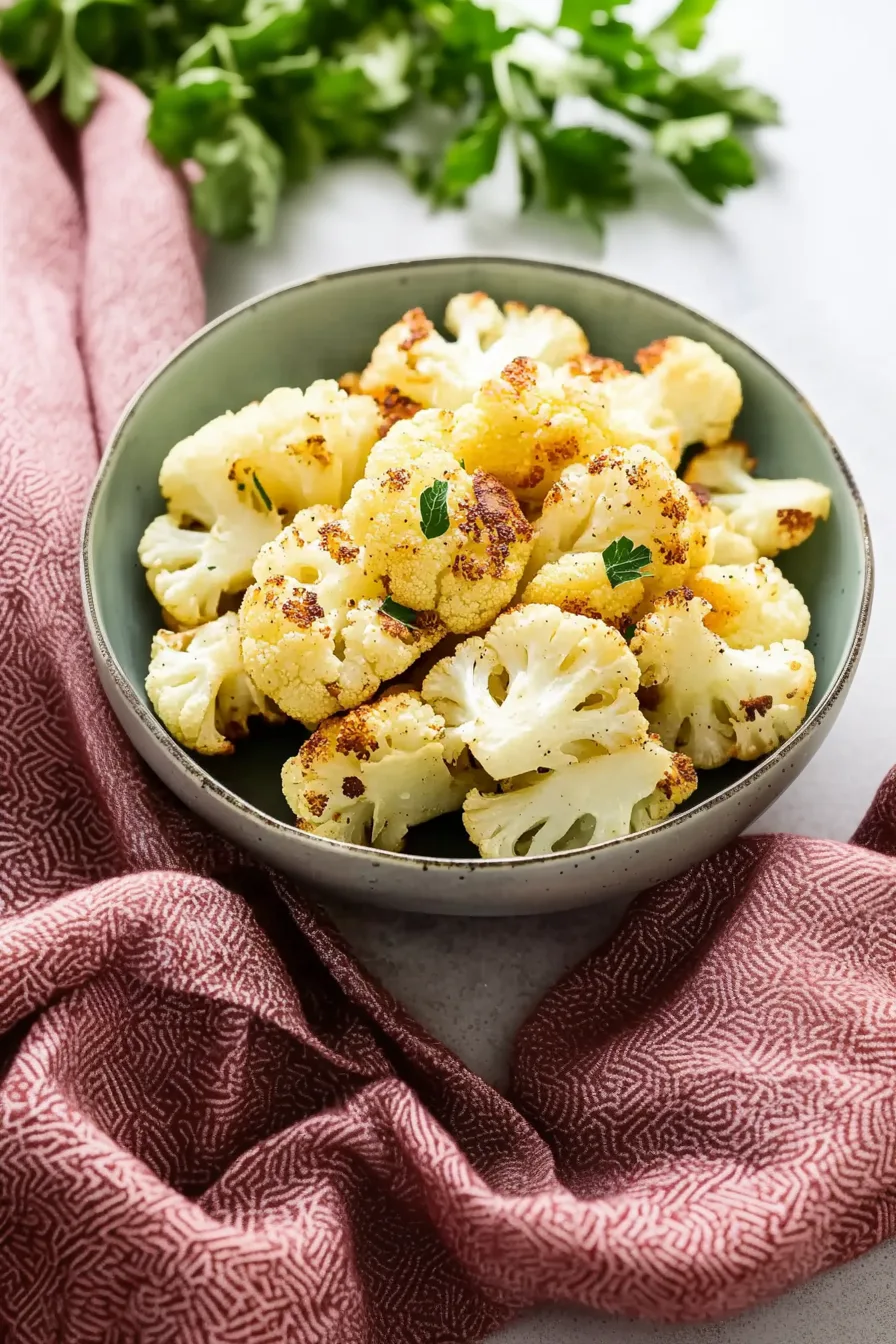 Warm bowl of cauliflower pieces with a golden, toasty finish.