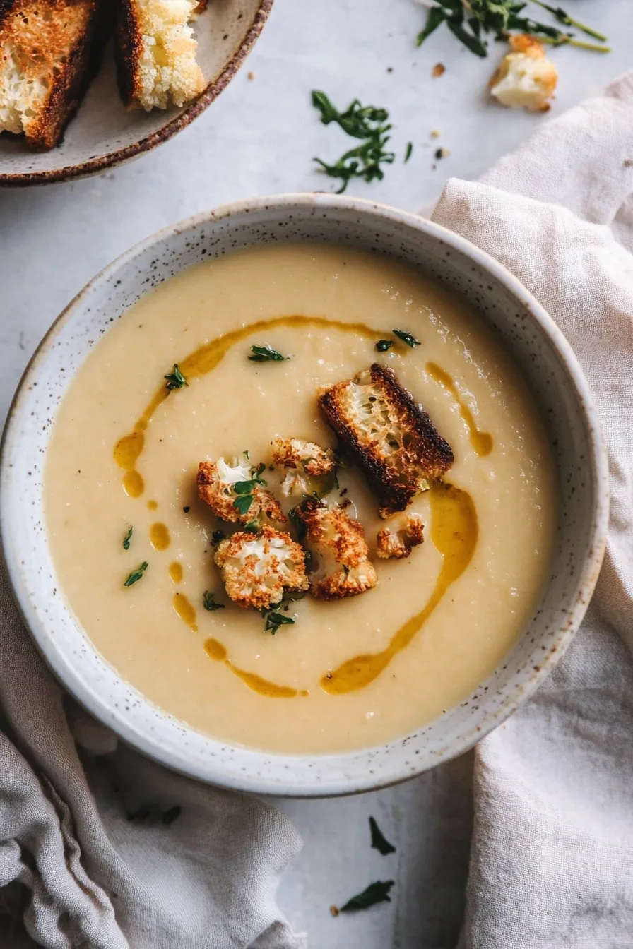 Creamy bowl of soup topped with roasted cauliflower, herbs, and a drizzle of olive oil.