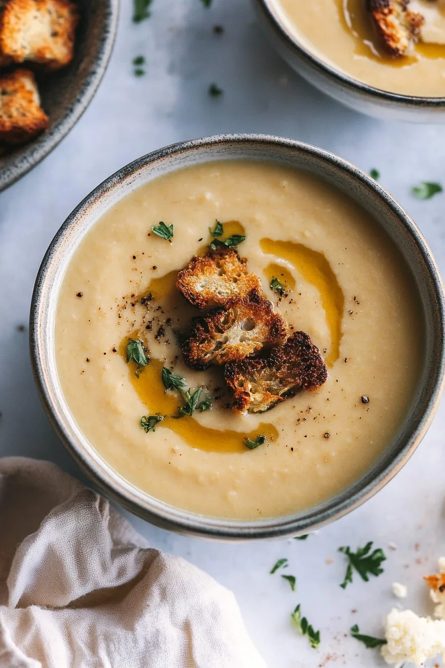 Smooth blended soup garnished with crispy croutons and golden cauliflower florets.