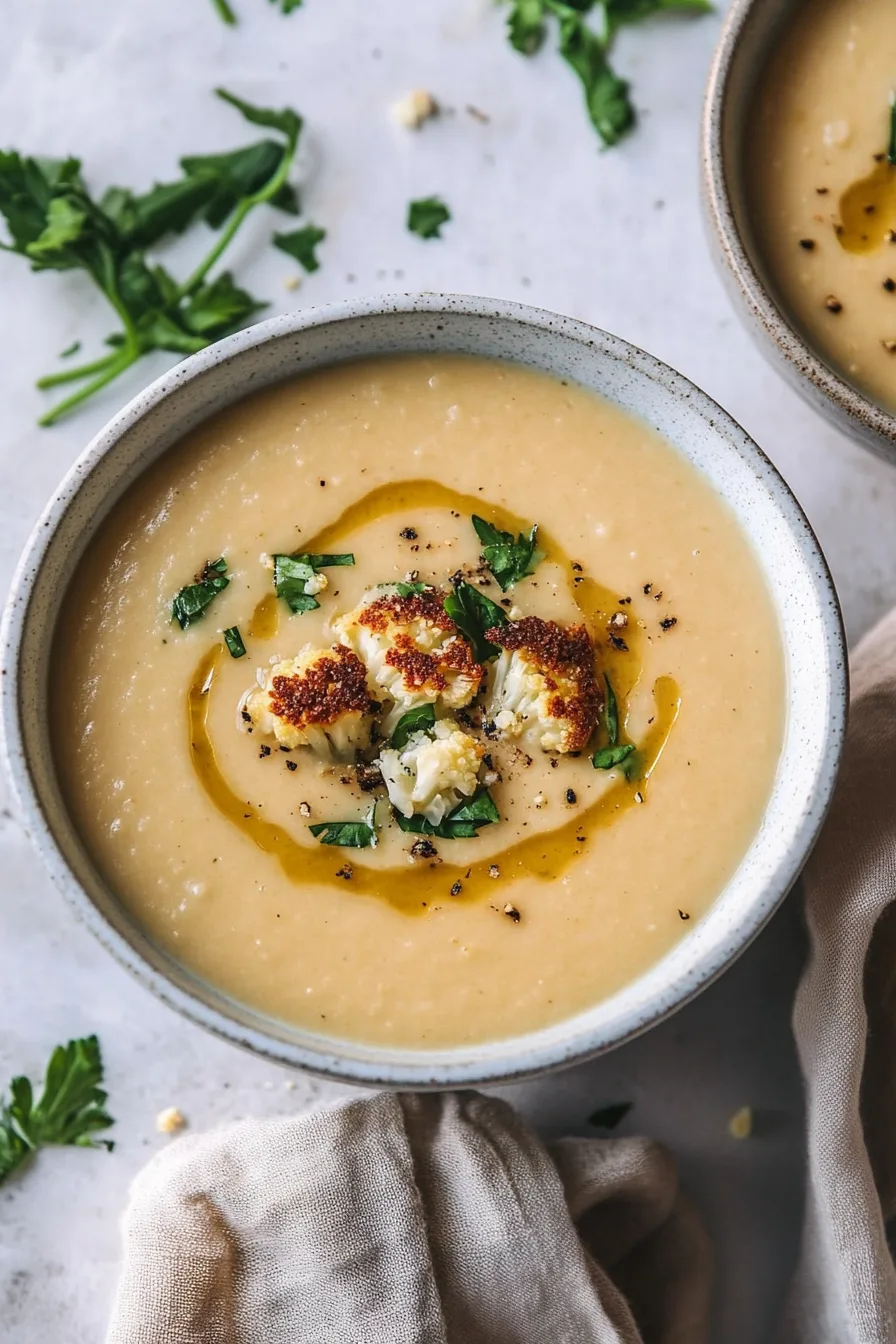 Warm vegetable soup with roasted toppings and a swirl of olive oil for garnish.