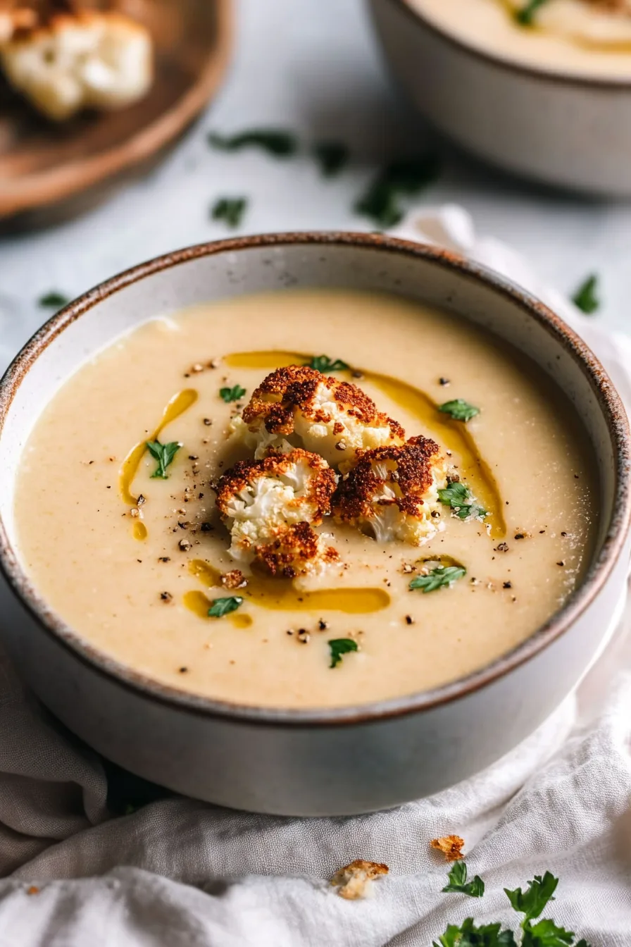 Close-up of a comforting, velvety soup served in a rustic bowl with fresh herbs.