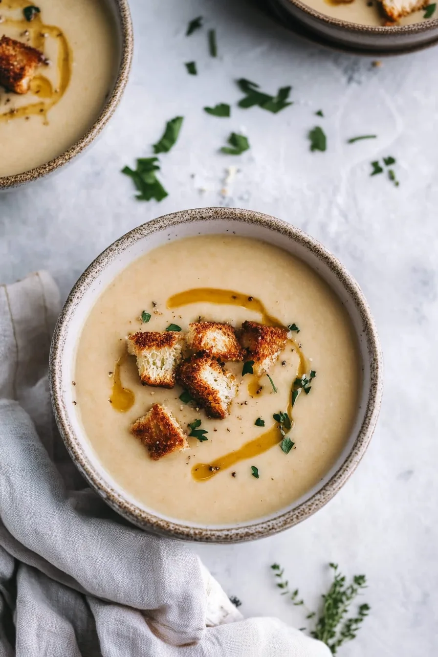 Cozy bowl of creamy cauliflower soup styled with crunchy croutons and thyme.