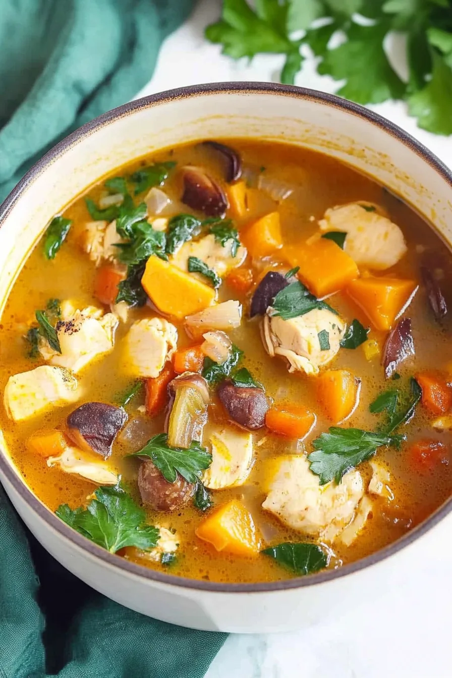 Bowl of hearty stew with roasted vegetables, tender chicken pieces, and a rich golden broth.