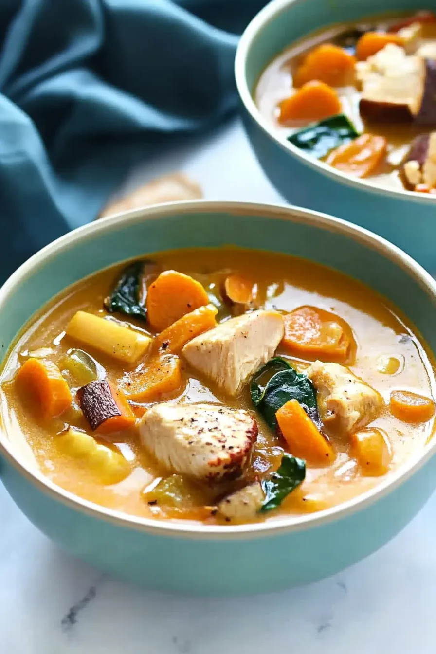 Two bowls of thick, vegetable-filled stew garnished with greens and served warm.