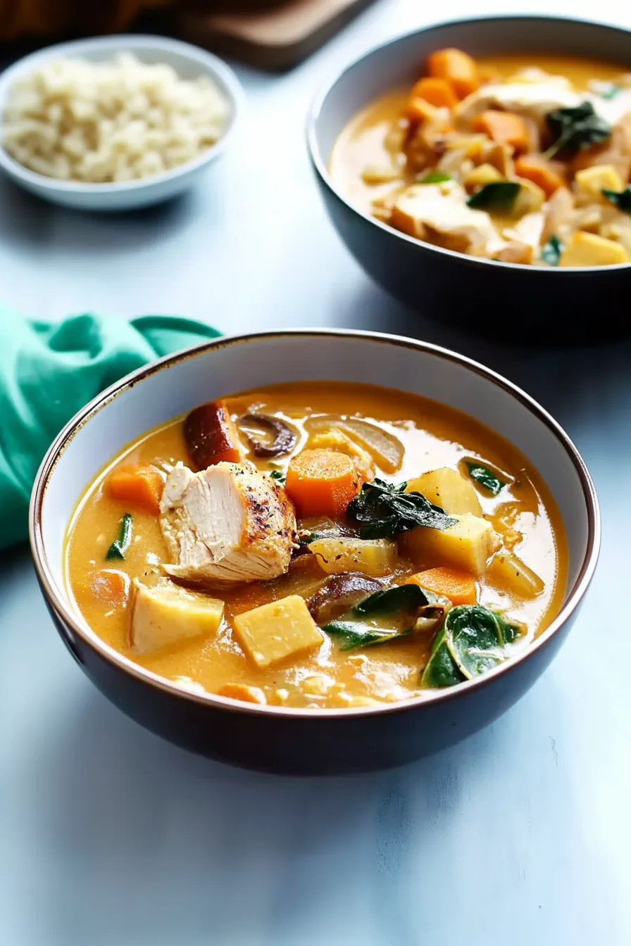 Freshly made stew with roasted root vegetables and juicy chicken pieces.