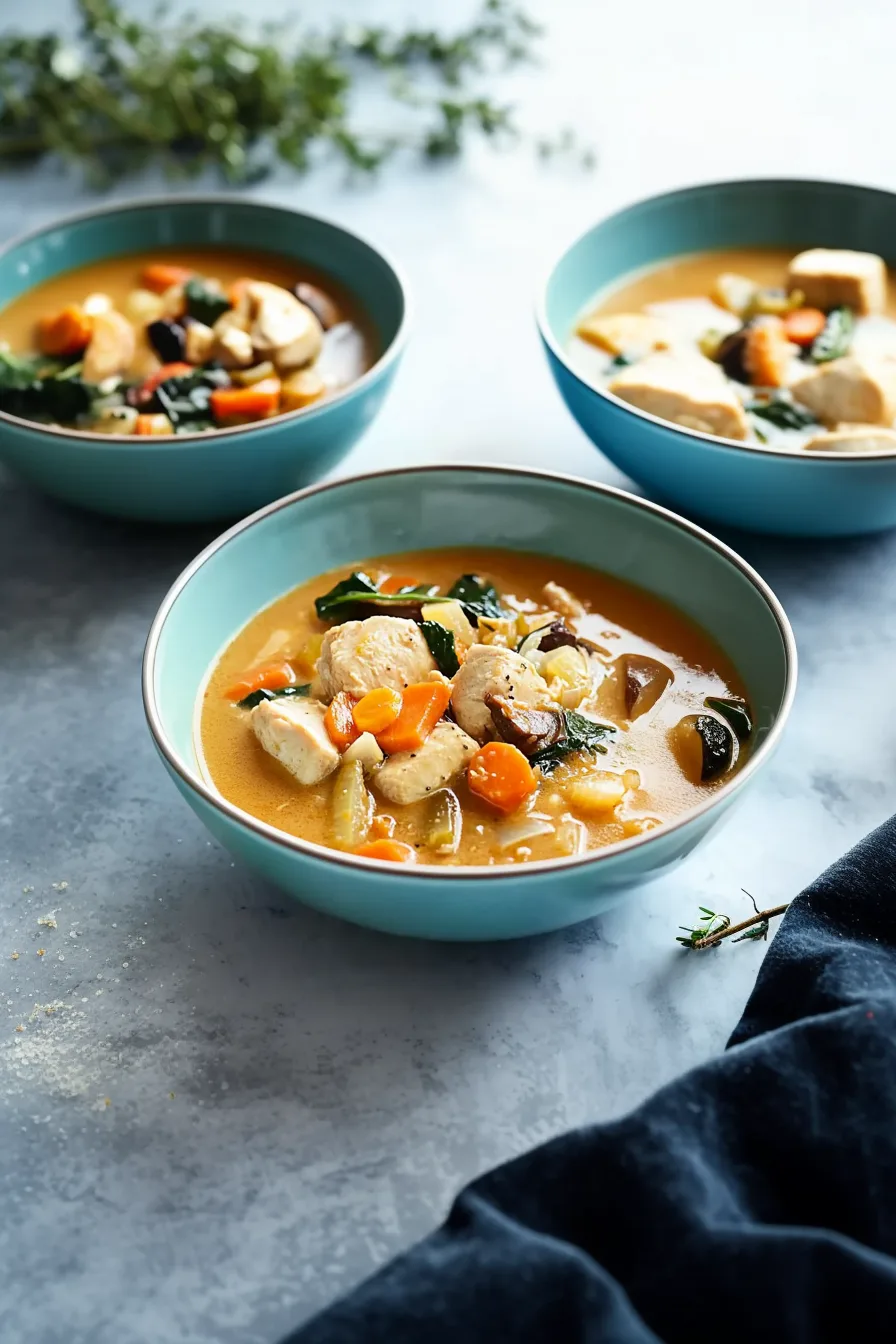 Warm and comforting bowl of chicken and vegetables in a creamy broth.