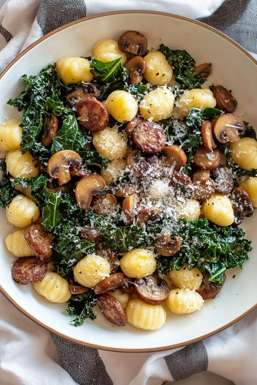 Hearty one-pan meal with roasted gnocchi, sausage, and kale served hot and seasoned.