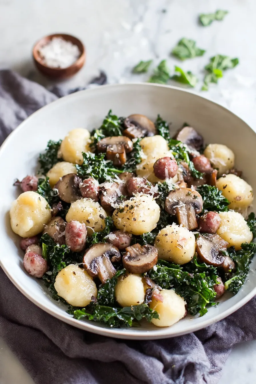 Bowl of roasted gnocchi and sausage with dark leafy kale and a sprinkle of cheese.