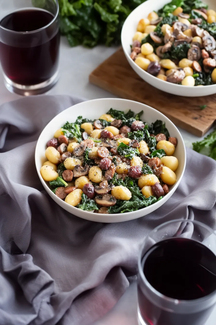 Golden-brown sausage and pillowy gnocchi tossed with greens and parmesan shavings.