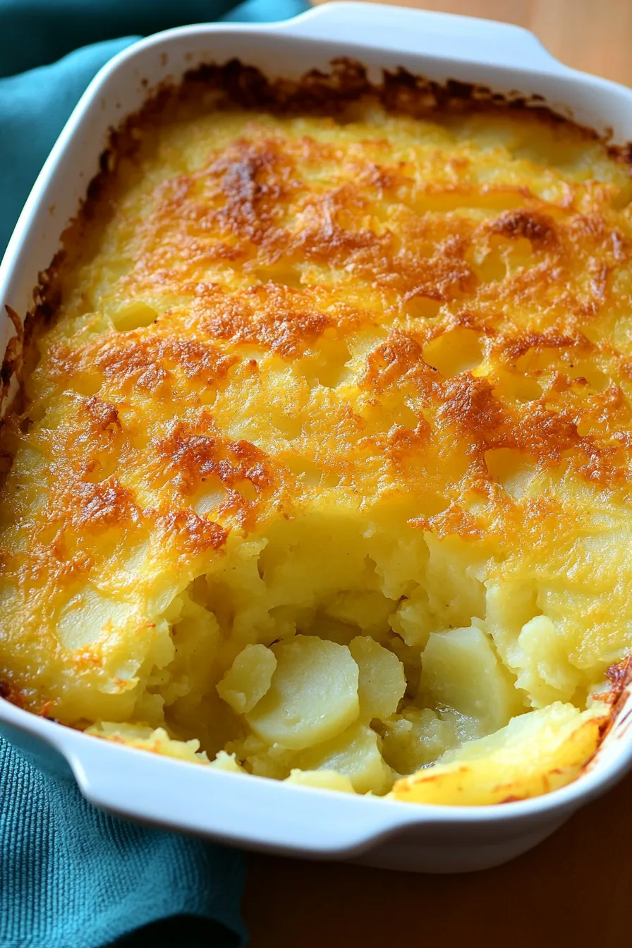Close-up of a cheesy potato bake with a crisp, bubbling top.