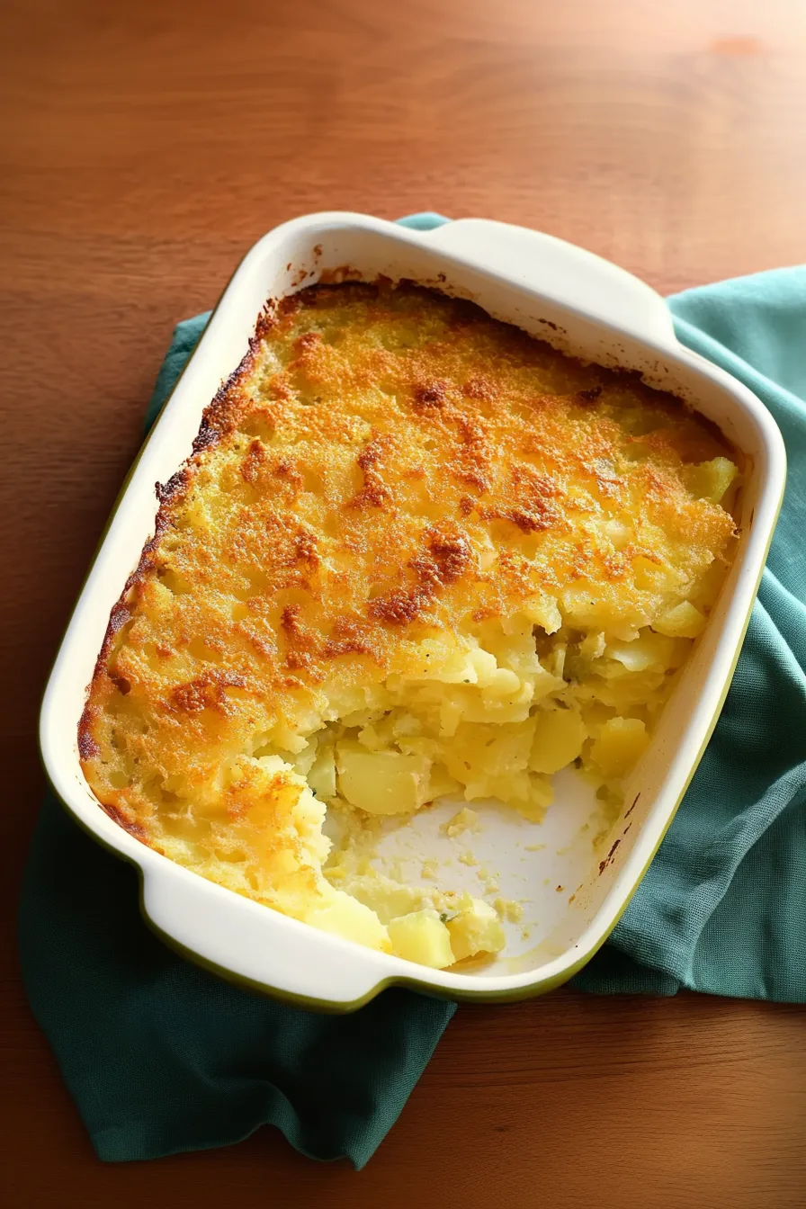 Golden-brown baked casserole with layers of creamy potatoes and melted cheese.