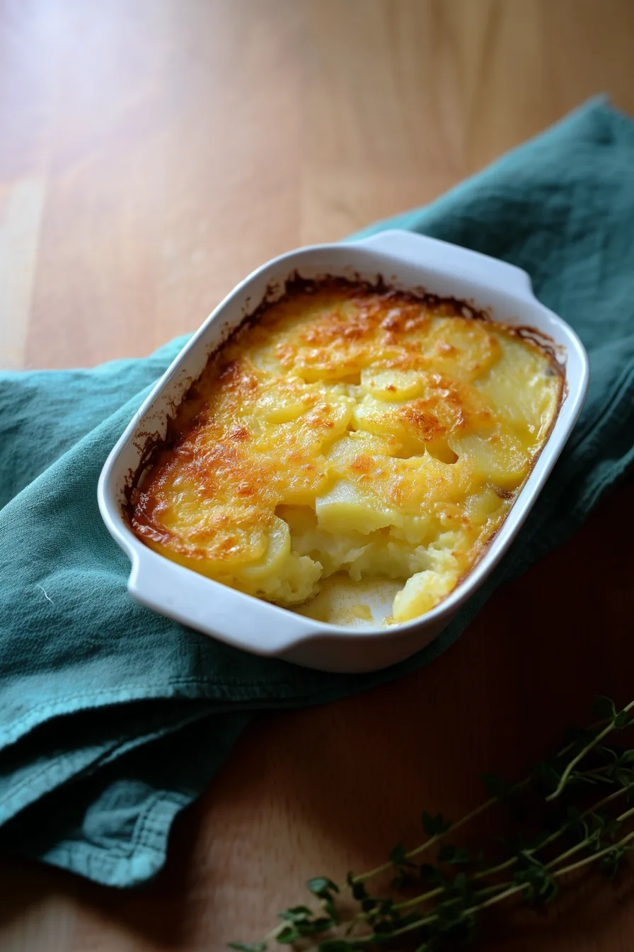 Hearty comfort food in a white baking dish with a golden crust.
