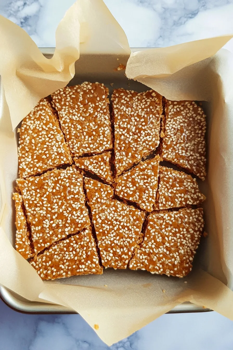 Golden sesame brittle pieces arranged neatly on a parchment-lined tray.