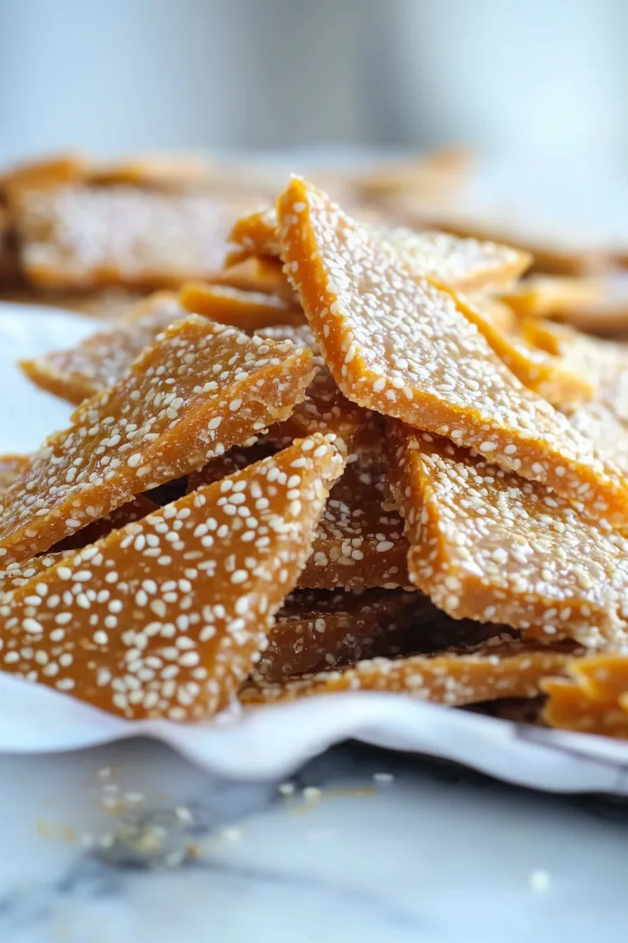 Close-up of glossy sesame brittle showing its crisp, caramelized texture.