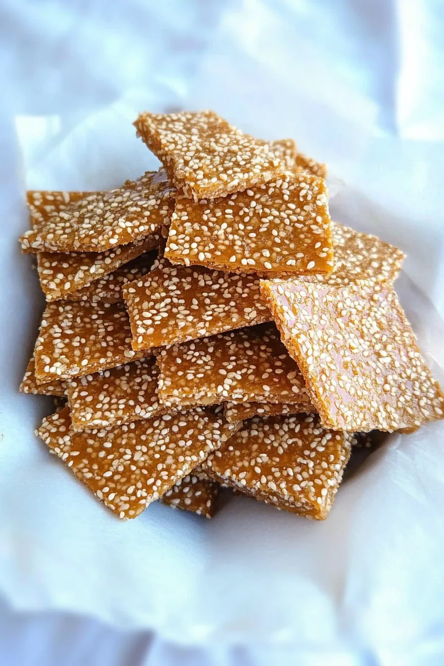 Crunchy caramel candy pieces cooling on parchment paper.