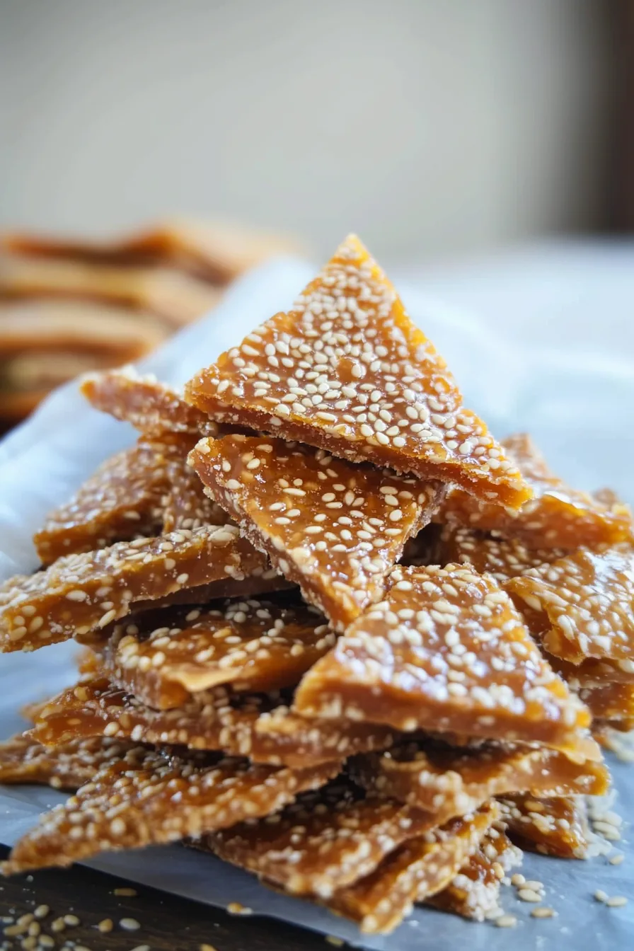 Stacked sesame brittle squares glistening under soft natural light.