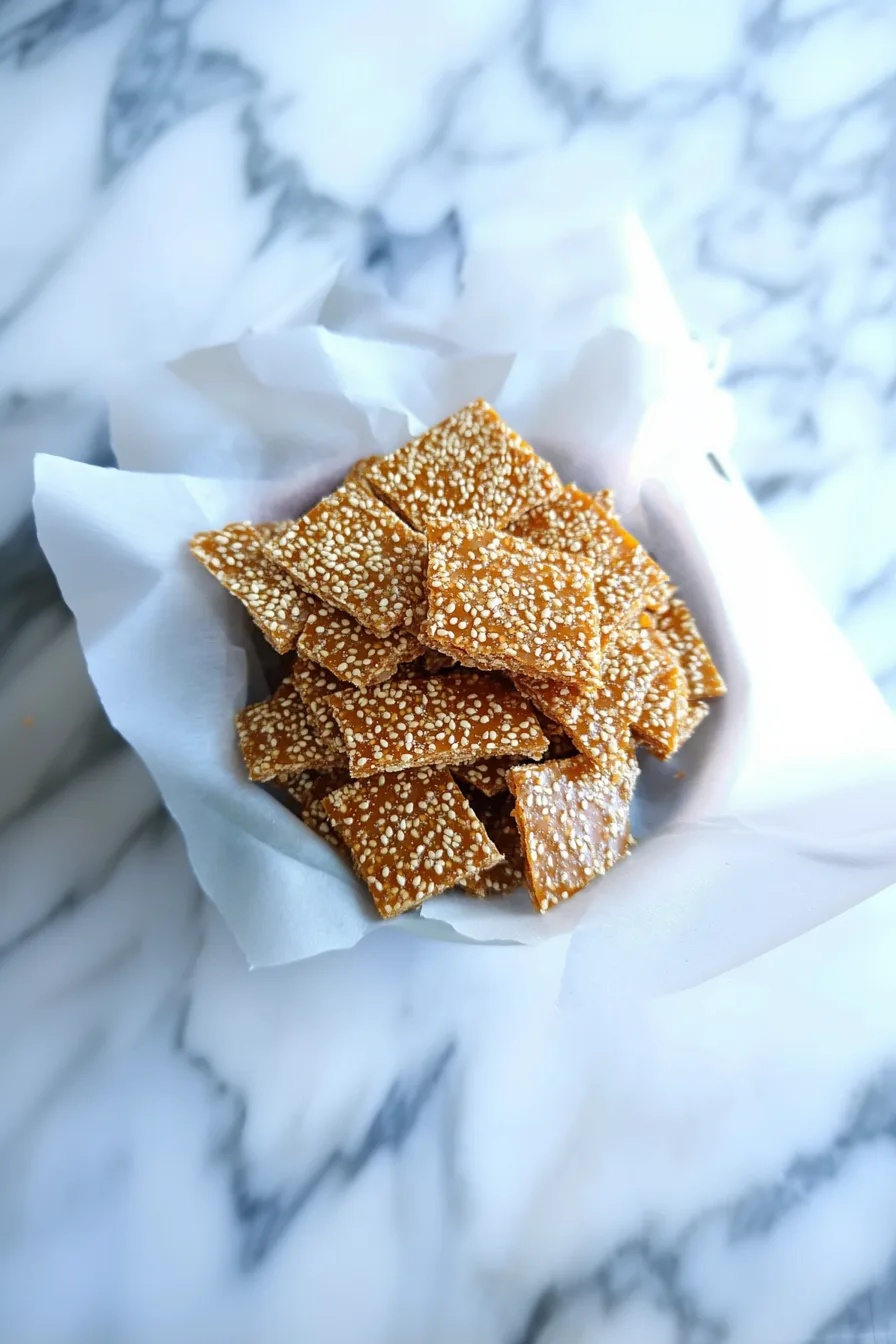 Homemade sesame brittle broken into bite-sized portions.