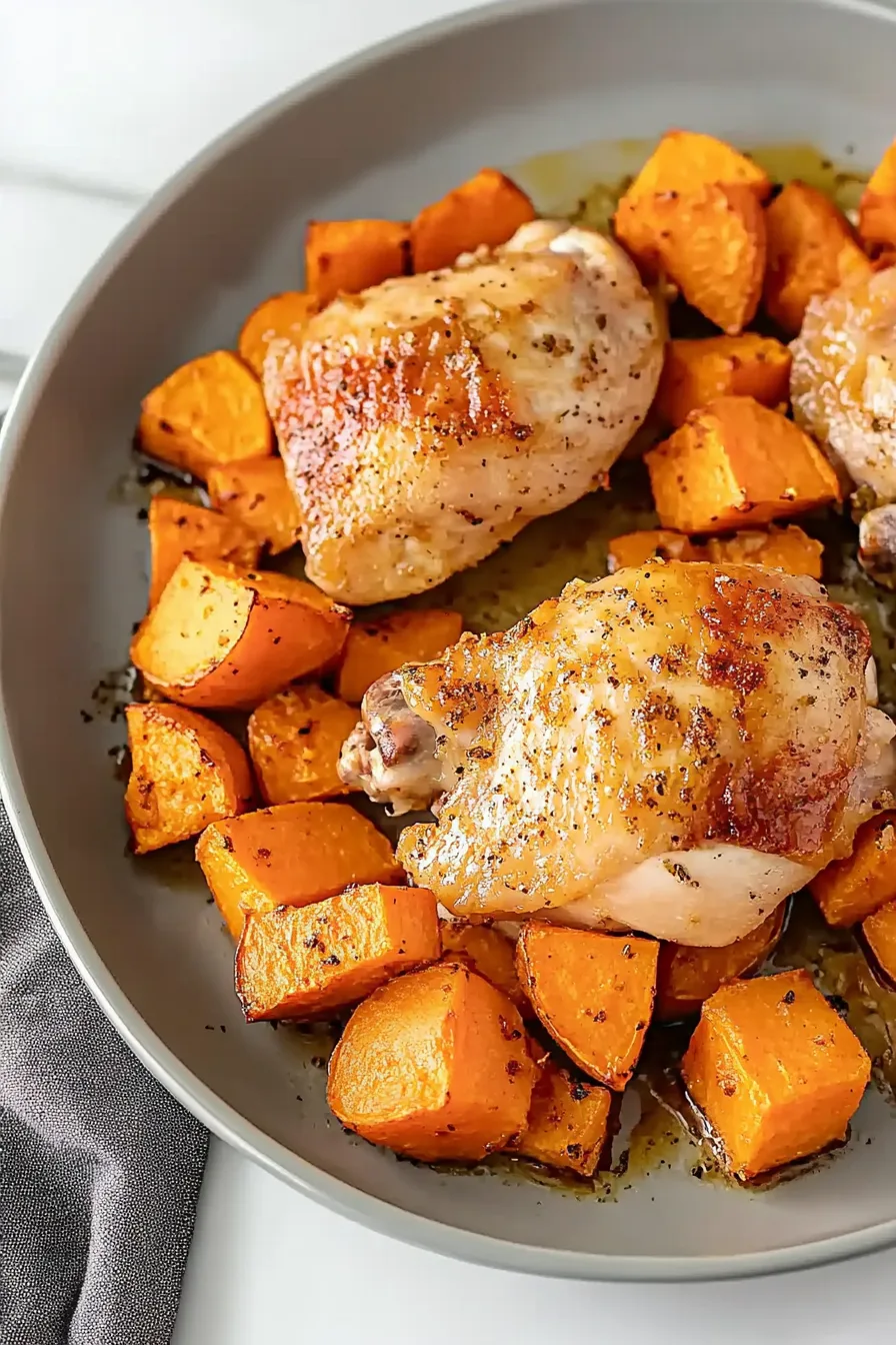 Close-up of juicy baked chicken surrounded by caramelized sweet potato cubes.