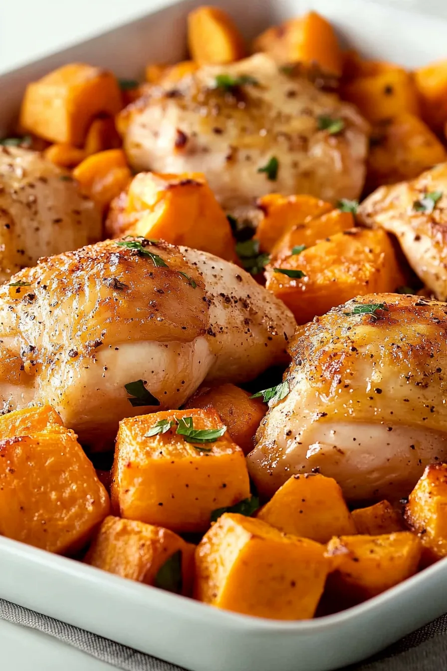 Roasted chicken pieces with golden sweet potatoes in a baking dish.