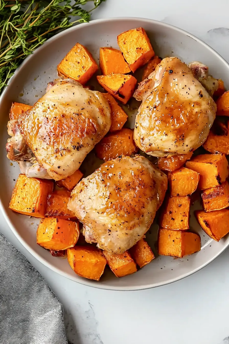 Oven-roasted chicken thighs with herbs and tender sweet potatoes.