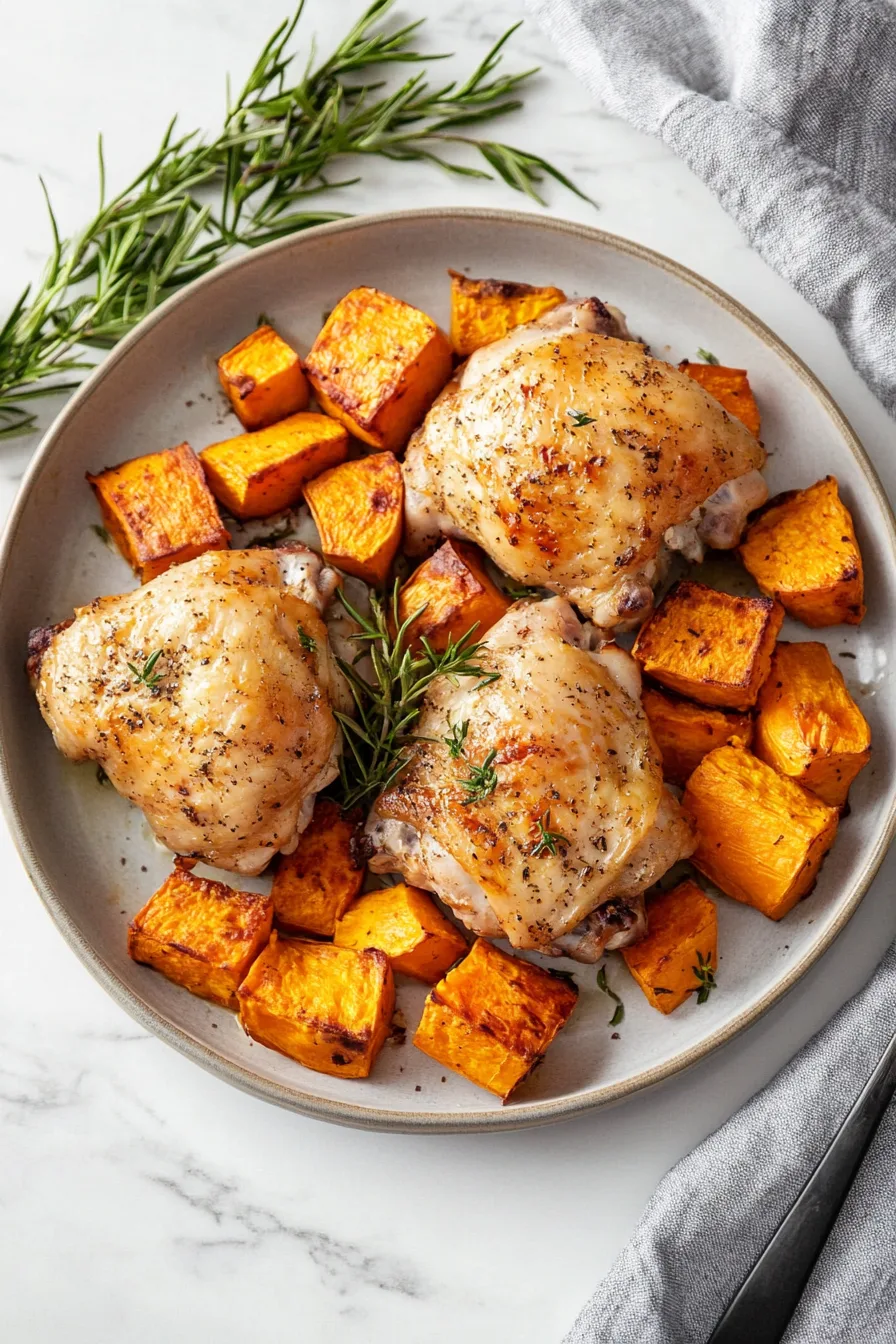 Sheet pan meal featuring seasoned chicken and roasted vegetables.