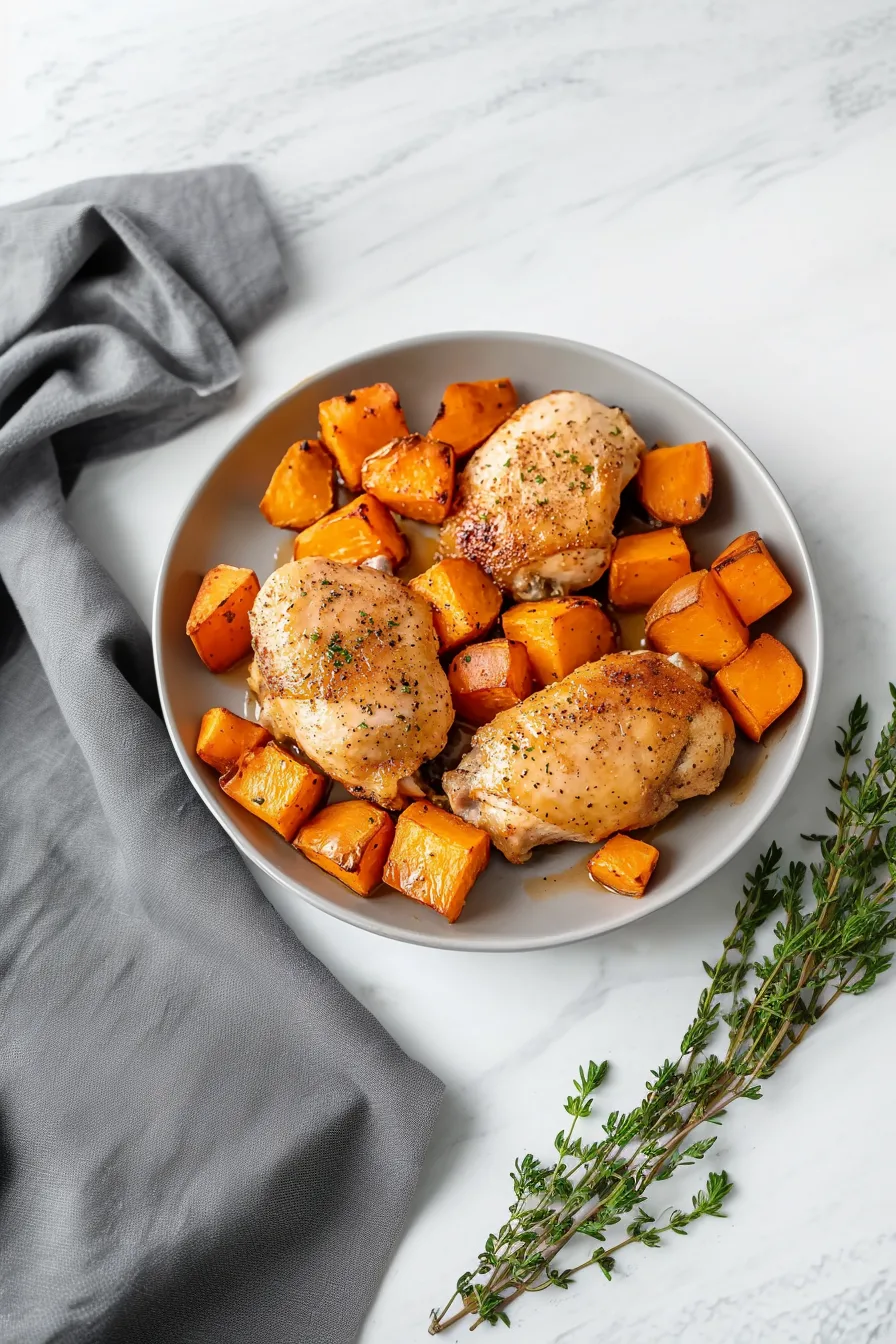 Simple one-pan dinner with browned chicken and perfectly roasted sweet potatoes.