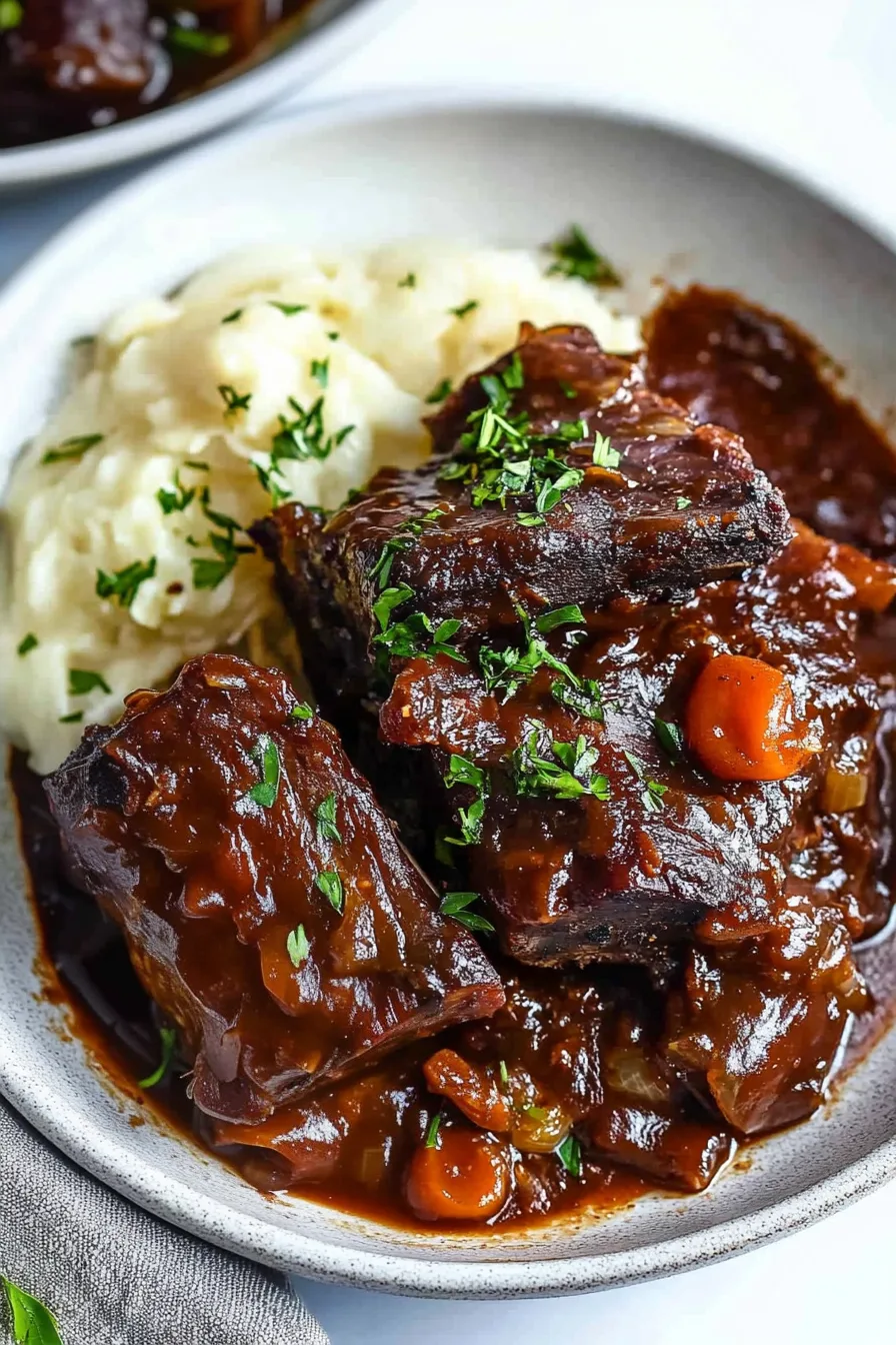 Braised beef short ribs plated with mashed potatoes and garnished with chopped parsley.