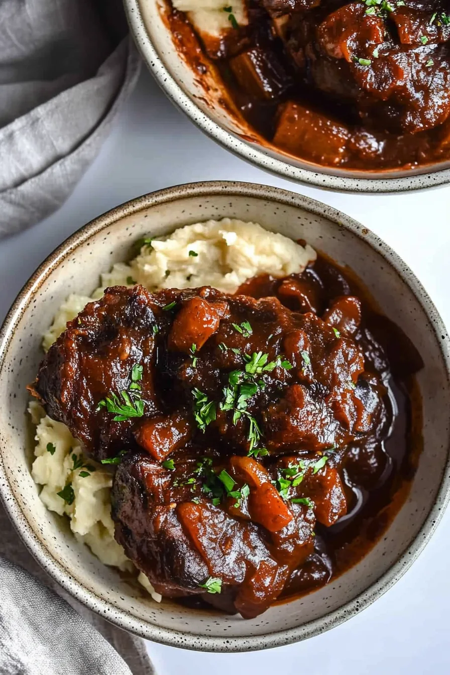 Juicy, fall-off-the-bone beef short ribs coated in a glossy red wine sauce.