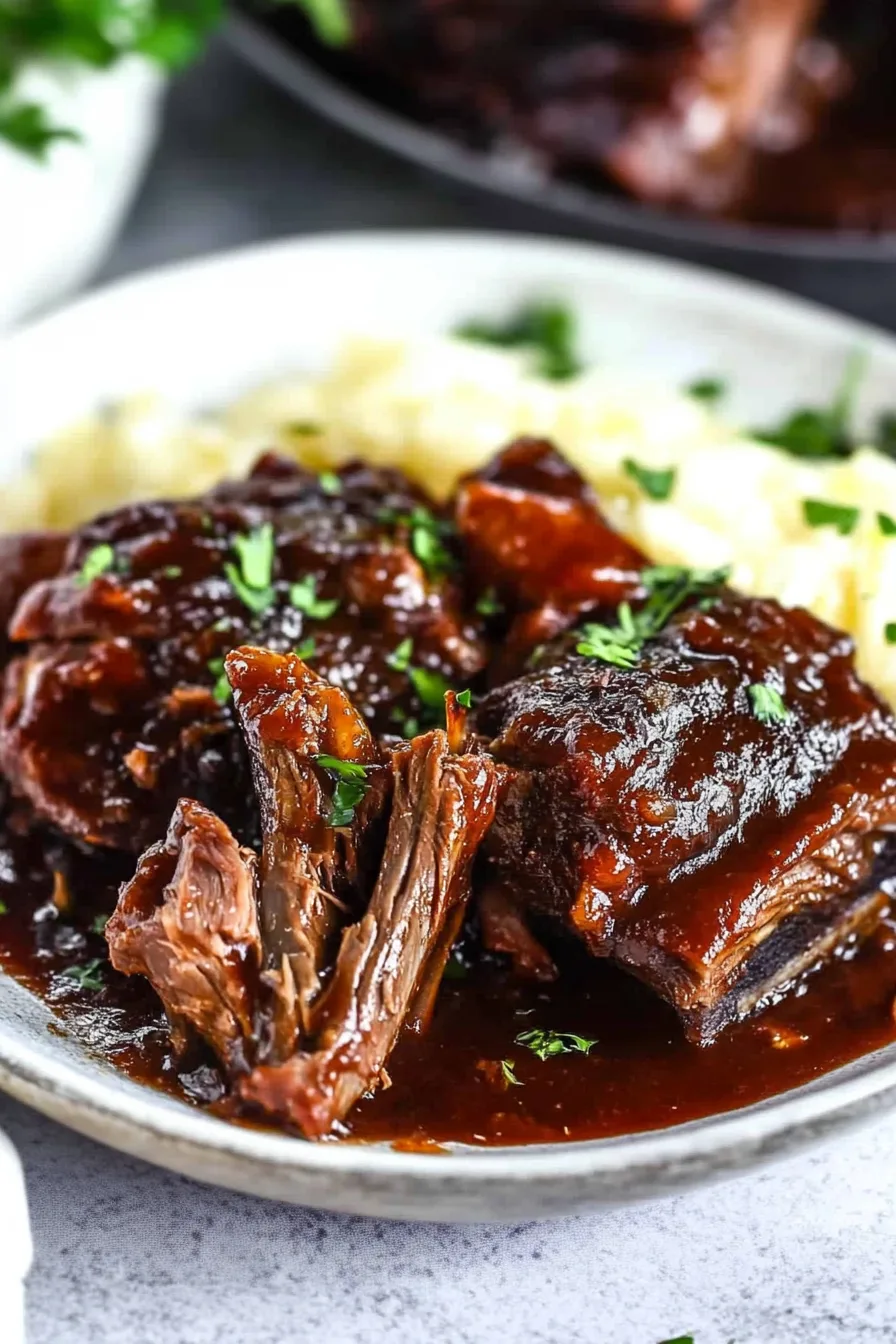 Close-up of slow-cooked short ribs glazed in savory sauce with carrots and onions.