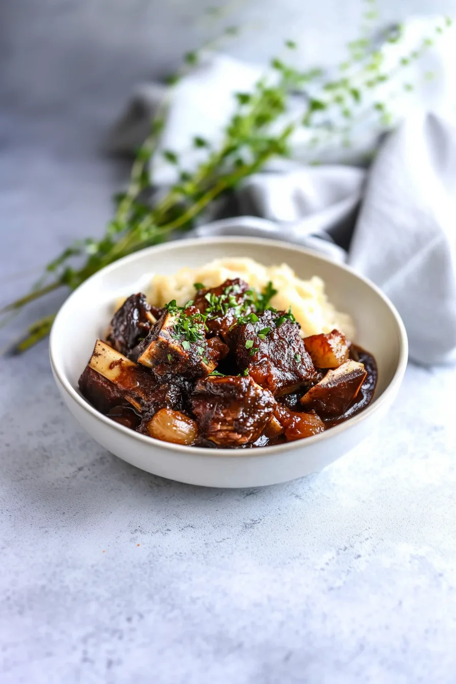 Tender beef short ribs in rich gravy served with creamy mashed potatoes and fresh herbs.