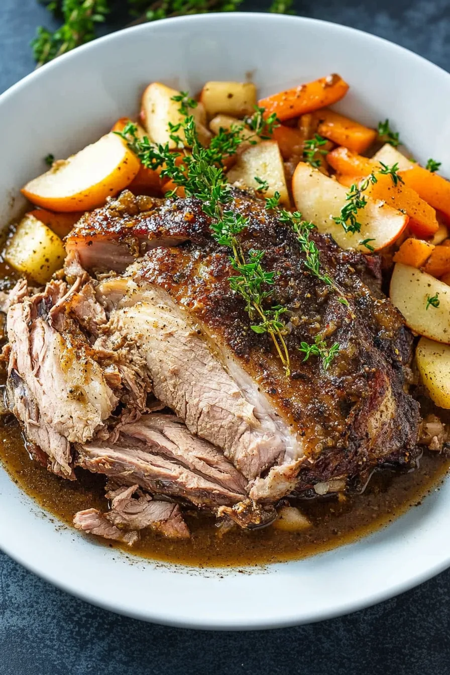 Tender, juicy pork shoulder served with roasted apples, carrots, and fresh thyme in rich pan gravy.