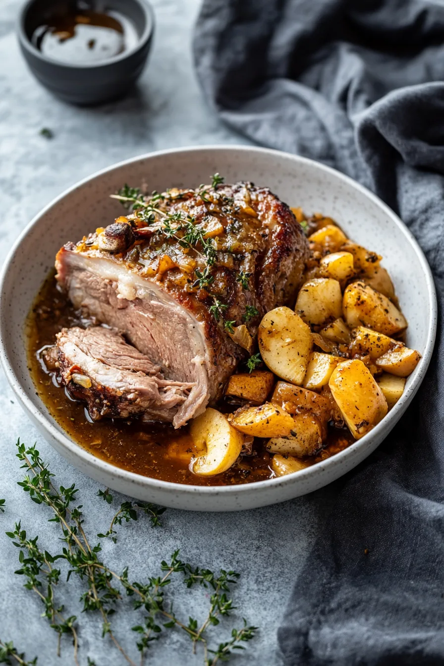 Shredded pork shoulder resting in apple-infused gravy with roasted root vegetables.