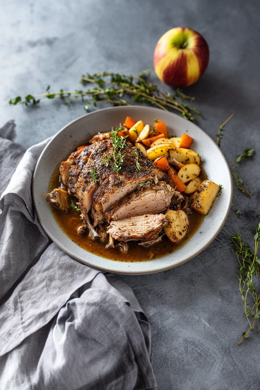 Plate of juicy roast pork garnished with herbs and paired with caramelized apples and carrots.