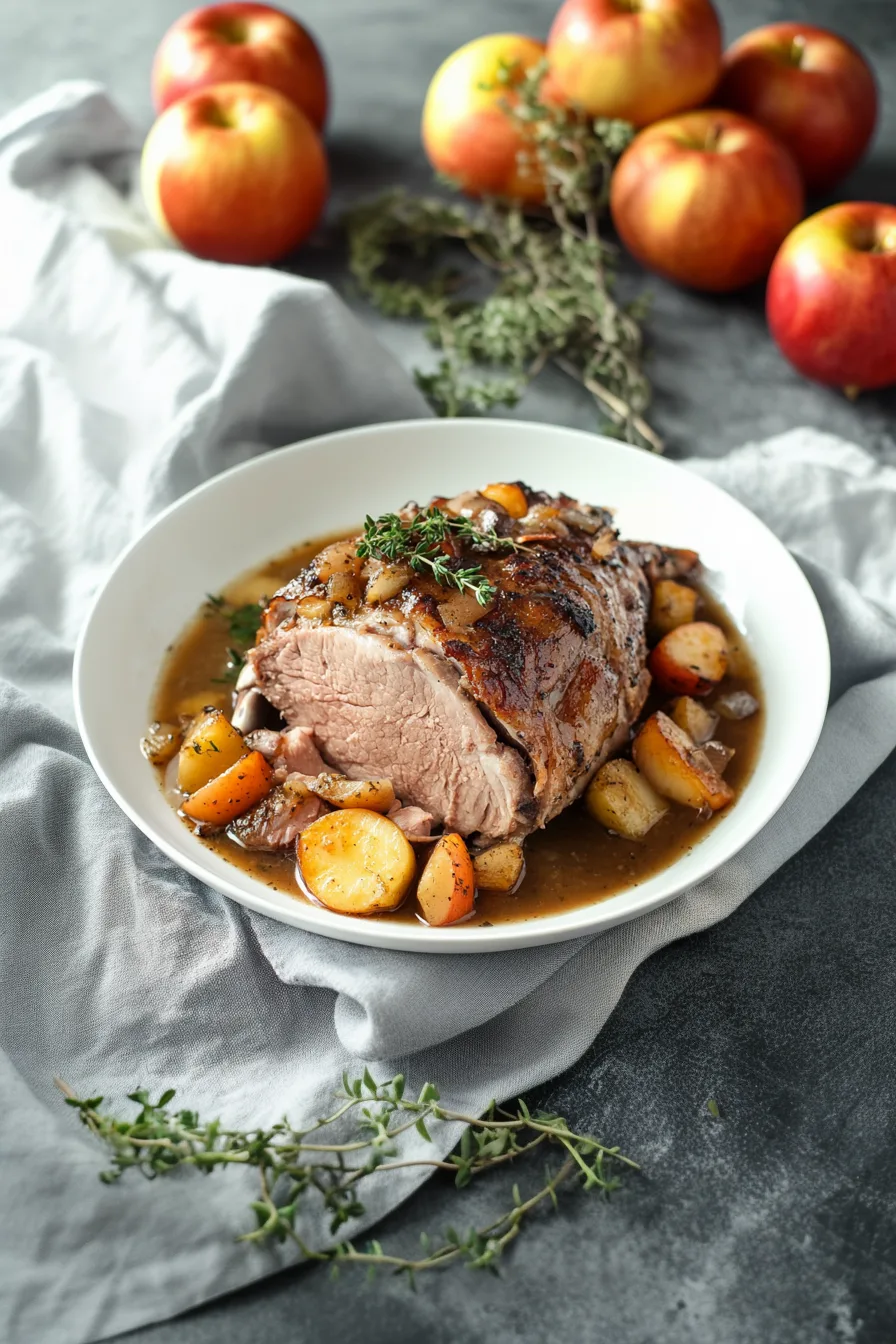 Hearty serving of fall-apart pork with flavorful gravy and rustic roasted vegetables.