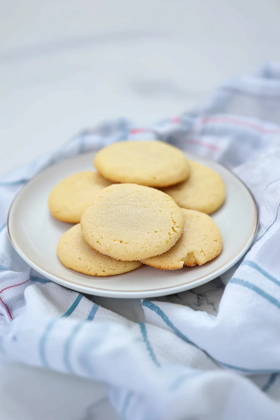 Sugar-dusted cookies stacked neatly on a plate with a cloth napkin.