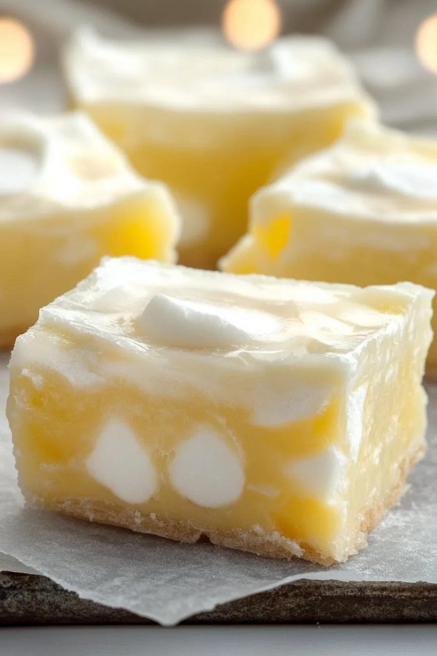 Close-up of a creamy dessert bar with a golden crust and marshmallow layer.