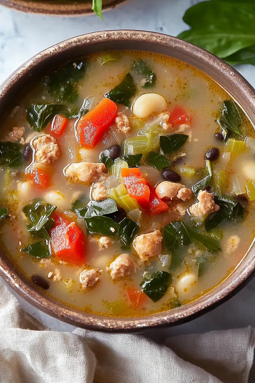 Close-up of a comforting homemade soup filled with kale, beans, and bell peppers.