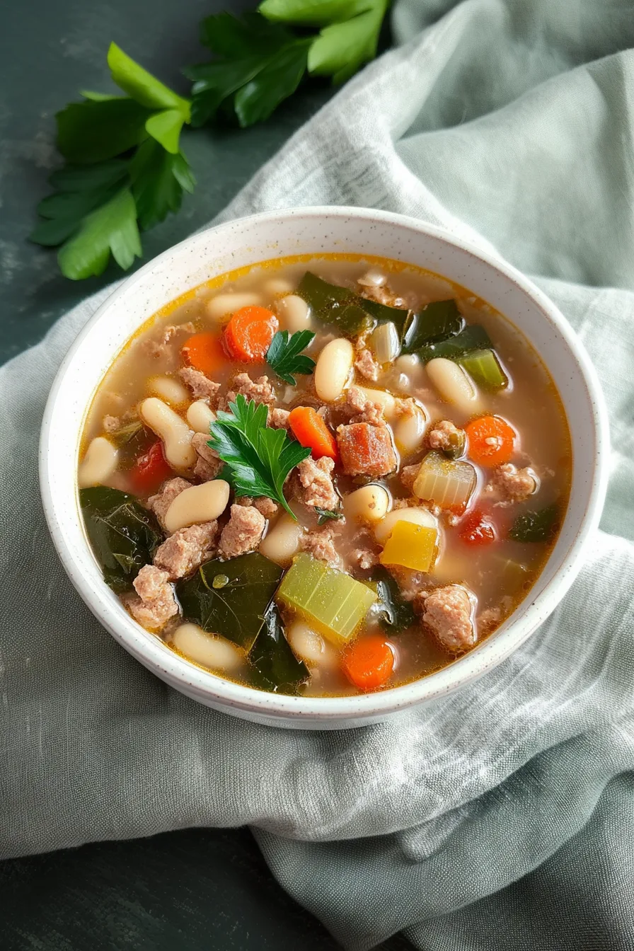 Warm vegetable and bean soup served with sausage in a savory broth.
