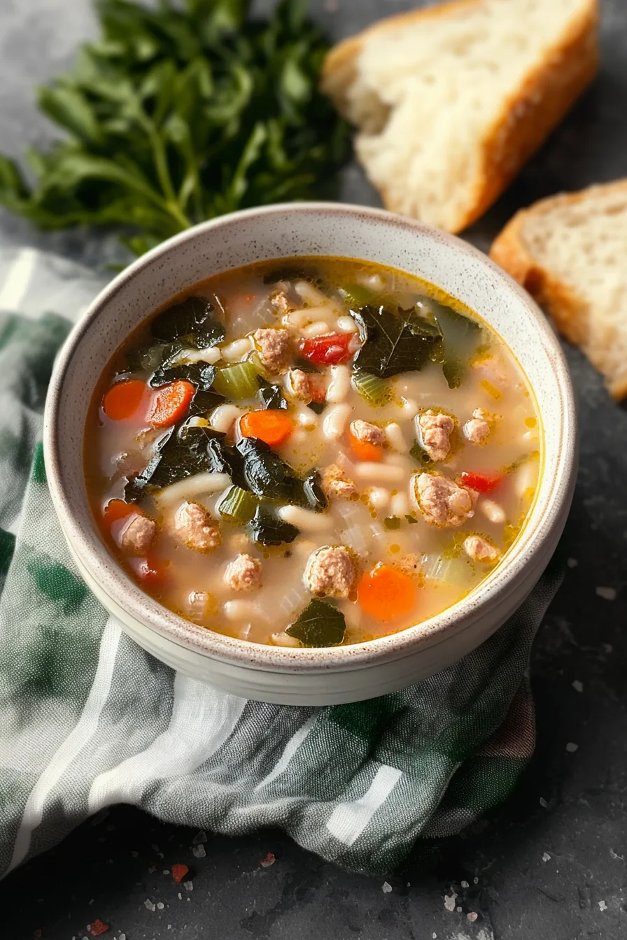 Rustic ceramic bowl of flavorful soup with sausage crumbles and leafy greens.